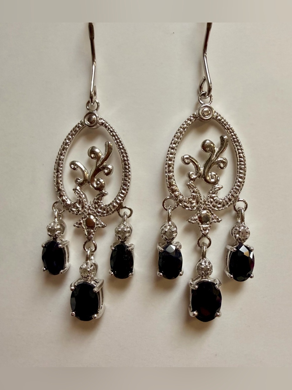4.40 CTW Sapphire & Diamond Sterling Silver Chandelier Earrings - Picture 1 of 15